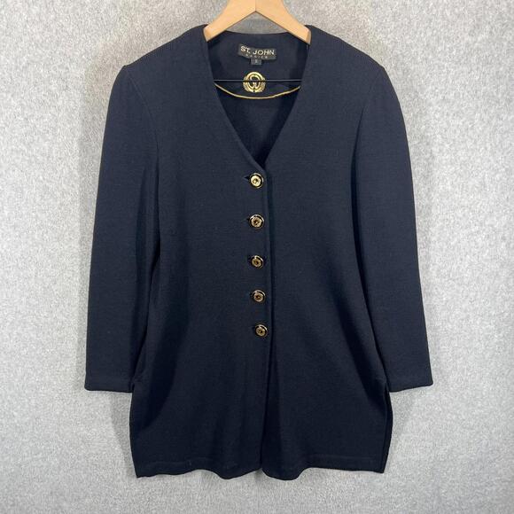 St. John Sweaters - St. John Basics Santana Knit Navy V Neck Cardigan Sweater Gold‎ Buttons Jacket S